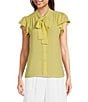 Color:Pear - Image 1 - Woven Ruffle Cap Sleeve Tie Neck Blouse