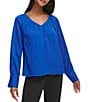 Color:Klein Blue - Image 1 - Woven Tiled Chiffon V-Neck Long Sleeve Blouse