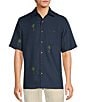 Color:Navy - Image 1 - Embroidered Navy Short Sleeve Woven Shirt
