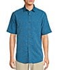Color:Cadet Blue - Image 1 - Palm Paradise Jacquard Solid Short Sleeve Shirt