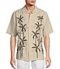 Color:Natural - Image 1 - Relaxed Palm Print Embroidery Linen Short Sleeve Woven Shirt