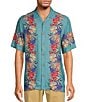 Color:Ocean Green - Image 1 - Printed Rayon Floral Panel Short Sleeve Woven Camp Shirt