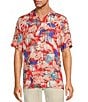 Color:Red - Image 1 - Printed Rayon Tropical Flamingo Short Sleeve Woven Camp Shirt