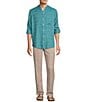 Color:Ocean Green - Image 3 - Solid Linen Banded Collar Long Sleeve Woven Shirt