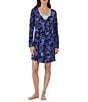 Color:Navy/Print - Image 1 - Cotton Jersey Long Sleeve V-Neck Floral Print Short Nightgown