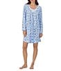 Color:Blue Floral - Image 1 - Cotton Jersey Long Sleeve V-Neck Floral Print Short Nightgown