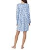 Color:Blue Floral - Image 2 - Cotton Jersey Long Sleeve V-Neck Floral Print Short Nightgown