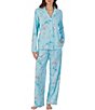 Color:Aqua Print - Image 1 - Floral Knit Long Sleeve Notch Collar Long Pant Pajama Set