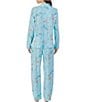 Color:Aqua Print - Image 2 - Floral Knit Long Sleeve Notch Collar Long Pant Pajama Set