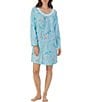 Color:Aqua Print - Image 1 - Floral Knit Long Sleeve Round Neck Short Nightgown
