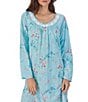 Color:Aqua Print - Image 3 - Floral Knit Long Sleeve Round Neck Short Nightgown