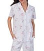 Color:Bouquet Print - Image 3 - Floral Print Short Sleeve Notch Collar Cotton Jersey Knit Pant Pajama Set