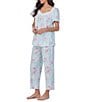 Color:Aqua Print - Image 1 - Floral Print Short Sleeve Sweetheart Neck Cotton Jersey Knit Pajama Set