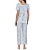 Color:Aqua Print - Image 2 - Floral Print Short Sleeve Sweetheart Neck Cotton Jersey Knit Pajama Set