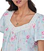 Color:Aqua Print - Image 3 - Floral Print Short Sleeve Sweetheart Neck Cotton Jersey Knit Pajama Set