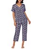 Color:Navy - Image 3 - Floral Print V-Neck Short Sleeve Cropped Pajama Set