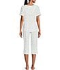 Color:White Ditsy - Image 2 - Petite Size Knit Ditsy Floral Print Short Sleeve Scoop Neck Capri Pajama Set
