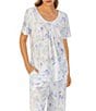 Color:White/Print - Image 3 - Petite Size Short Sleeve Scoop Neck Coordinating Butterfly Floral Cotton Knit Pajama Set