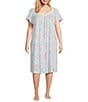 Color:Aqua Print - Image 1 - Plus Size Floral Print Short Sleeve Sweetheart Neck Jersey Knit Waltz Nightgown