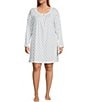 Color:Aqua/Pink - Image 1 - Plus Size Knit Diamond Print Long Sleeve Round Neck Short Nightgown