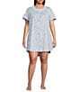Color:Blue/Floral - Image 1 - Plus Size Short Sleeve Lace Pintuck Crew Neck Cotton Knit Floral Nightgown