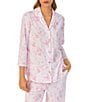 Color:Rose Floral - Image 3 - Rose Floral Cotton Jersey 3/4 Sleeve Notch Collar Pajama Set