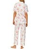 Color:Peach Multi - Image 2 - Short Sleeve Notch Collar Coordinating Pant Floral Knit Pajama Set