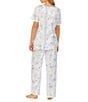 Color:White/Print - Image 2 - Short Sleeve Scoop Neck Coordinating Butterfly Floral Cotton Knit Pajama Set