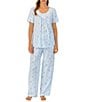 Color:Blue/Floral - Image 1 - Short Sleeve Scoop Neck Coordinating Floral Cotton Knit Pajama Set