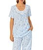Color:Blue/Floral - Image 3 - Short Sleeve Scoop Neck Coordinating Floral Cotton Knit Pajama Set