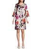 Caroline Rose Bella Floral Print Satin Round Neck 3/4 Bell Sleeve Shift Dress, Color:Multi Black - Image 1