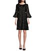 Color:Black/Black - Image 1 - Bella Soiree Embroidered Mesh Lace 3/4 Bell Sleeve Shift Dress