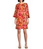 Color:Coral/Multi - Image 1 - Bella Woven Crepe Bright Blooms Print Scoop Neck 3/4 Bell Sleeve A-Line Dress