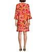Color:Coral/Multi - Image 2 - Bella Woven Crepe Bright Blooms Print Scoop Neck 3/4 Bell Sleeve A-Line Dress