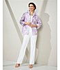 Color:Lavender/White - Image 6 - Devore Burnout Lavender Rose Print Jacquard Ruched Stand Collar 3/4 Sleeve Statement Jacket
