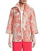 Color:Coral/White - Image 1 - Devore Jacquard Coral Rose Print Ruched Stand Collar 3/4 Sleeve Open-Front Jacket