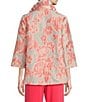 Color:Coral/White - Image 2 - Devore Jacquard Coral Rose Print Ruched Stand Collar 3/4 Sleeve Open-Front Jacket