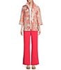 Color:Coral/White - Image 3 - Devore Jacquard Coral Rose Print Ruched Stand Collar 3/4 Sleeve Open-Front Jacket