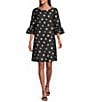 Caroline Rose Embroidered Dot Pattern Scoop Neck 3/4 Ruffle Cuff Sleeve Shift Dress - Image 1