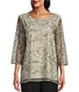 Color:Black/White/Silver - Image 1 - Embroidered Swirl Scoop Neck 3/4 Sleeve A-line Tunic