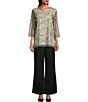 Color:Black/White/Silver - Image 3 - Embroidered Swirl Scoop Neck 3/4 Sleeve A-line Tunic