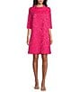 Color:Pink - Image 1 - Floral Cloque' Mock Collar 3/4 Sleeve Pocketed Shift Dress