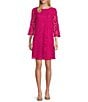 Caroline Rose Lace Round Neck 3/4 Sleeve Shift Dress, Color:Bright Pink - Image 1