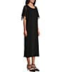 Color:Black - Image 3 - Georgette Short Flutter Sleeve Matte Crepe Scoop Neck Midi Shift Dress