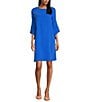 Color:Blue - Image 1 - Julia Matte Crepe 3/4 Ruffle Sleeve Shift Round Neck Shift Dress