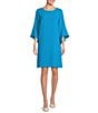 Color:Turquoise - Image 1 - Julia Matte Crepe 3/4 Ruffle Sleeve Shift Round Neck Shift Dress