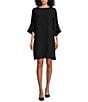 Color:Black - Image 1 - Julia Matte Crepe 3/4 Ruffle Sleeve Shift Round Neck Shift Dress