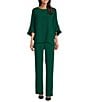Caroline Rose Julia Matte Crepe Crew Neck 3/4 Ruffled Sleeve High-Low Hem Top, Color:Emerald - Image 3
