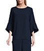 Color:Navy - Image 1 - Julia Matte Crepe Round Neck 3/4 Ruffle Sleeve High-Low Top