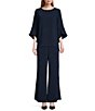 Caroline Rose Julia Matte Crepe Crew Neck 3/4 Ruffled Sleeve High-Low Hem Top, Color:Navy - Image 3